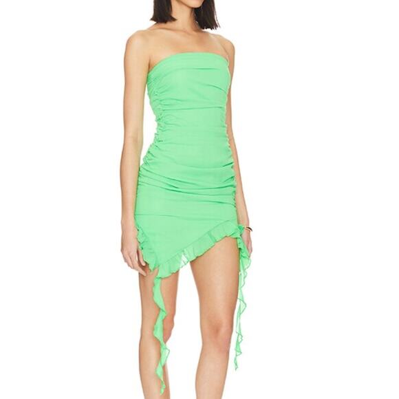 Superdown Green Strapless Mini Dress SMALL Resort Ruffle Tendrils Ruched $84 NEW - Picture 2 of 9